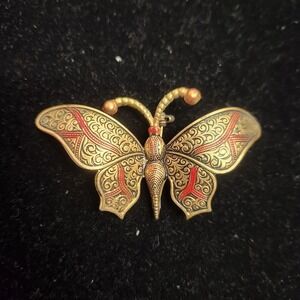 Vintage Spain Damascene Red/Black Enamel Gold tone Brooch